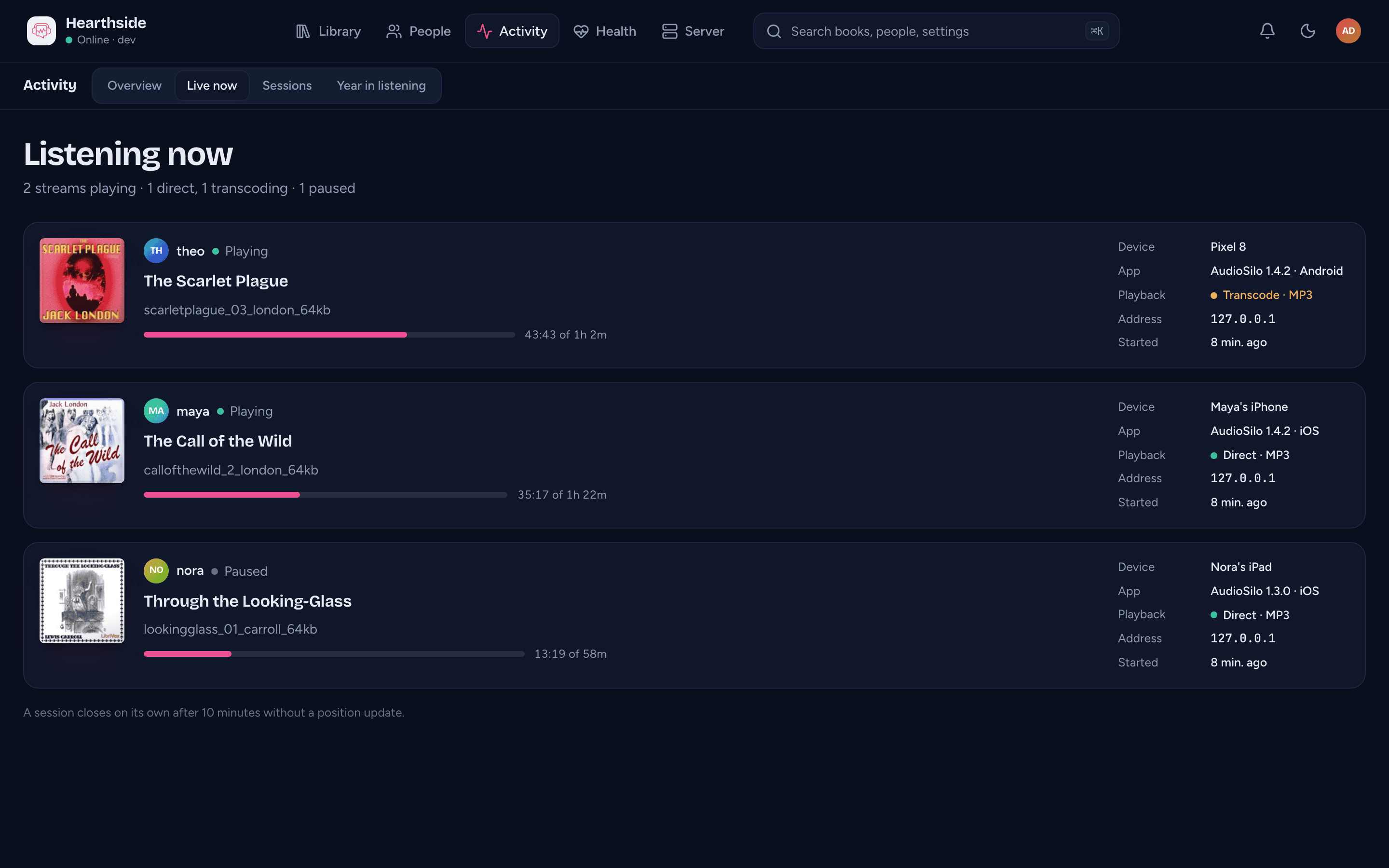 Activity > Live now