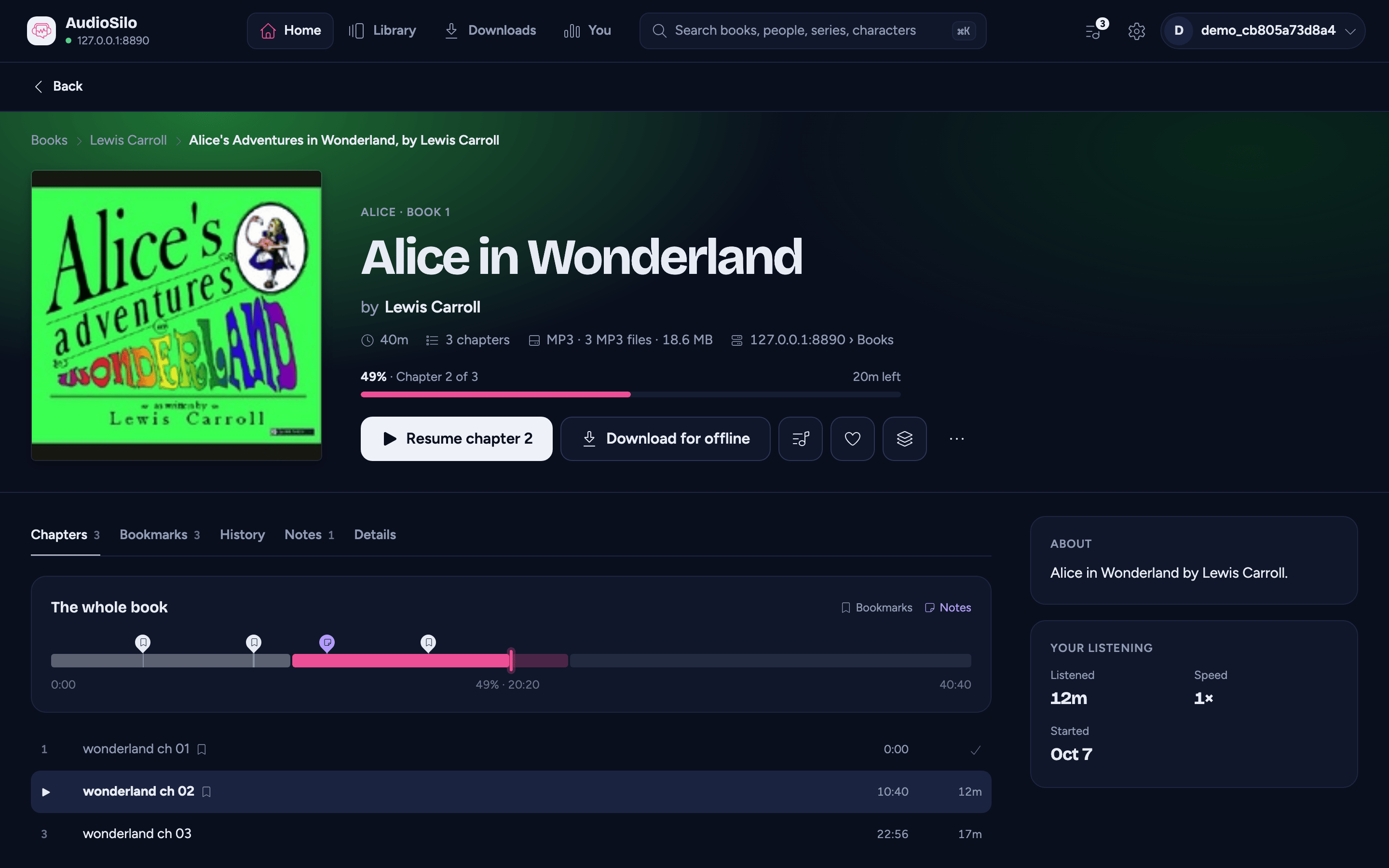 A book's page on a computer: the cover-tinted top with the place and Resume, the Chapters tab with the whole-book timeline, and About and Your listening on the right
