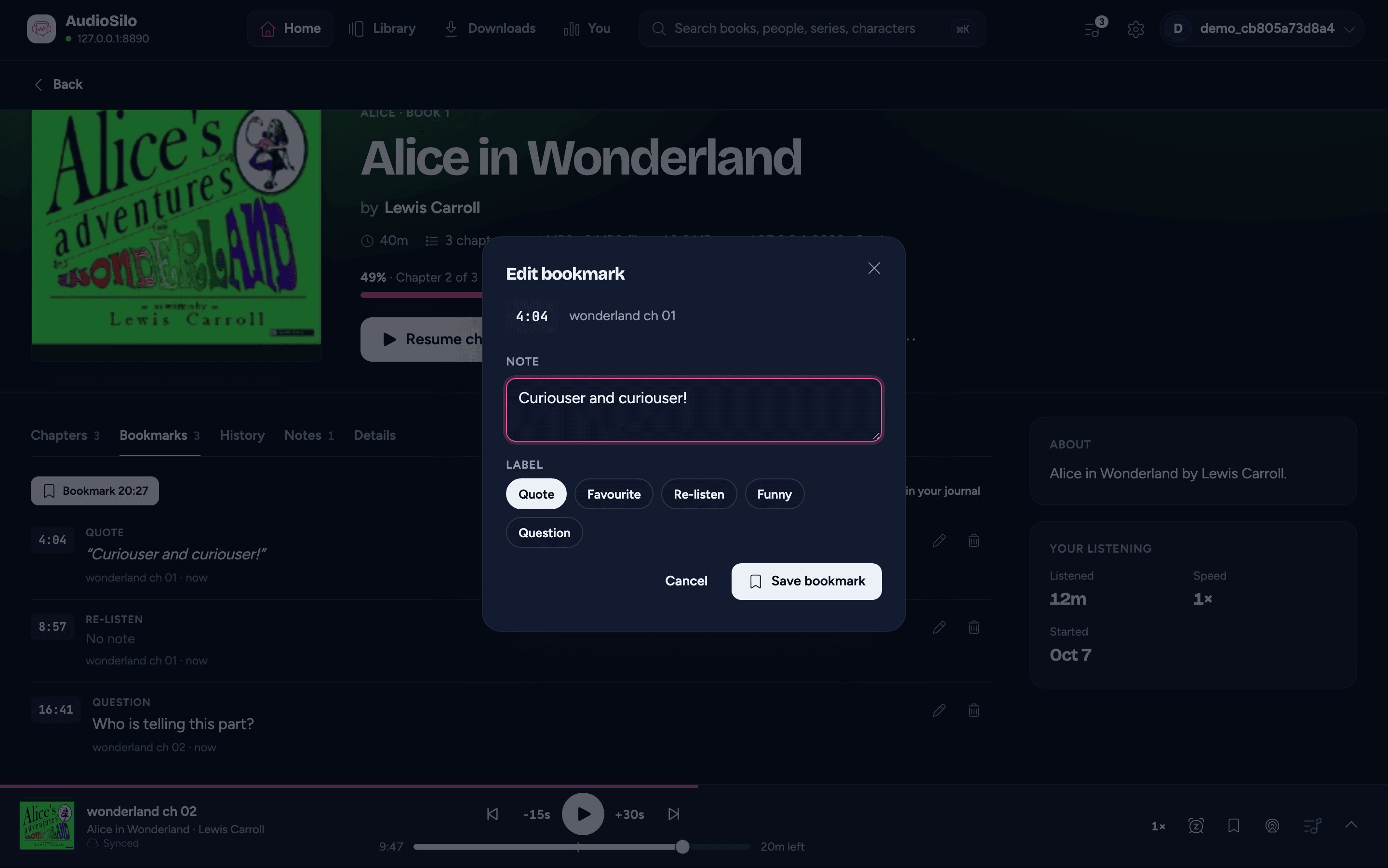 The bookmark editor: the bookmark's time and chapter, the note, and the label chips with Quote chosen