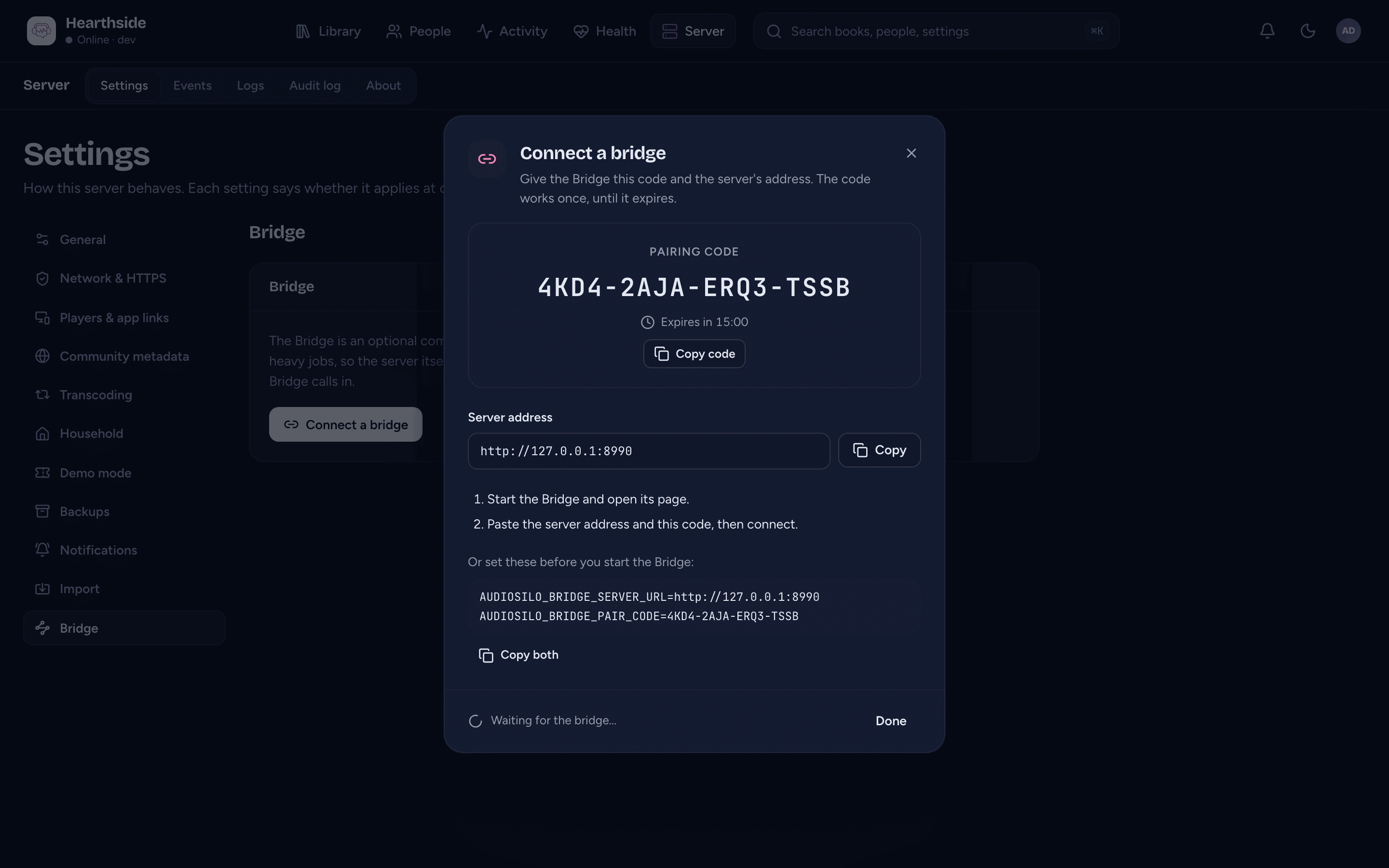 The Connect a bridge dialog with a pairing code