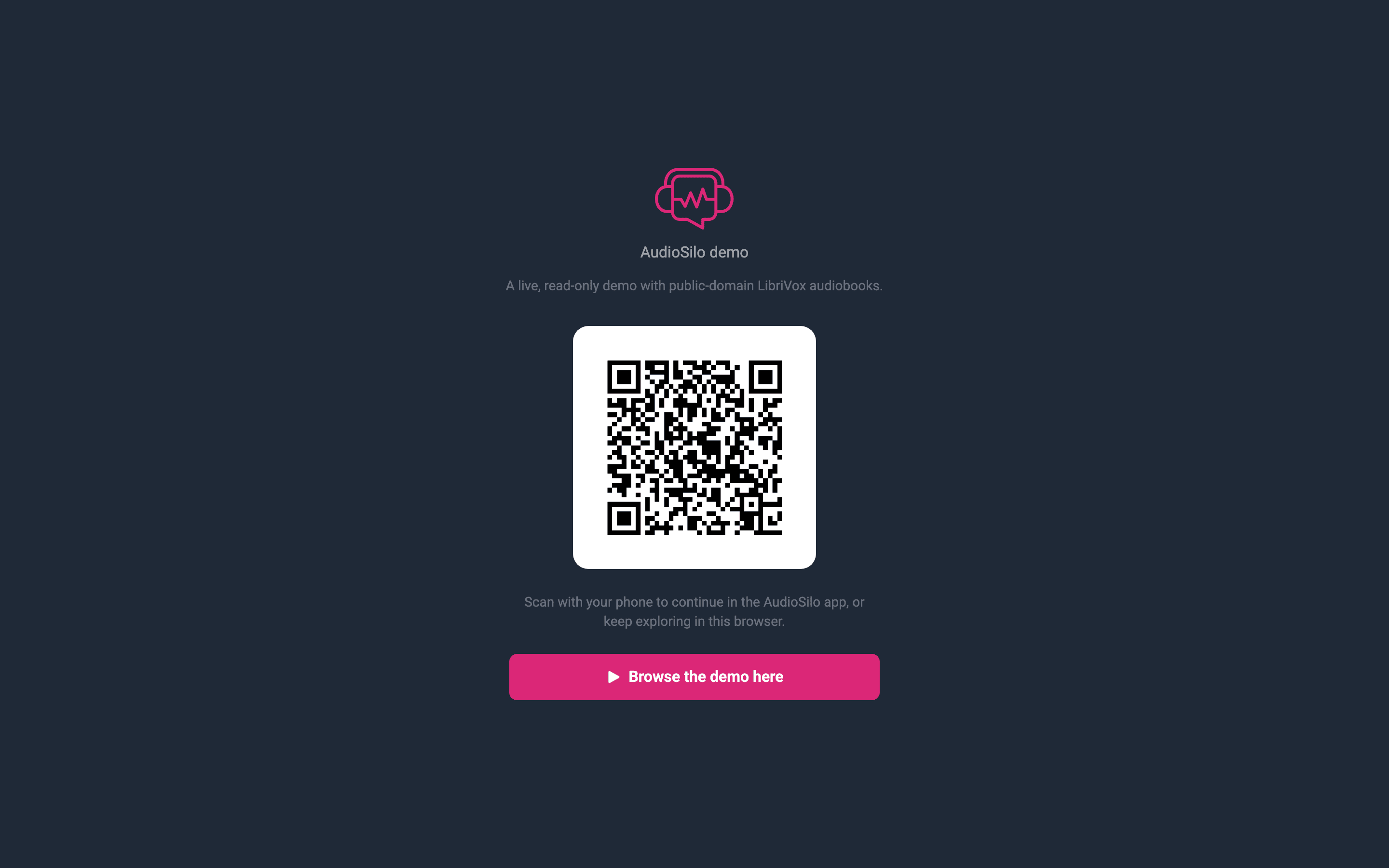 The demo landing page: a fresh account, a QR code to continue on your phone, and a button to browse in the browser