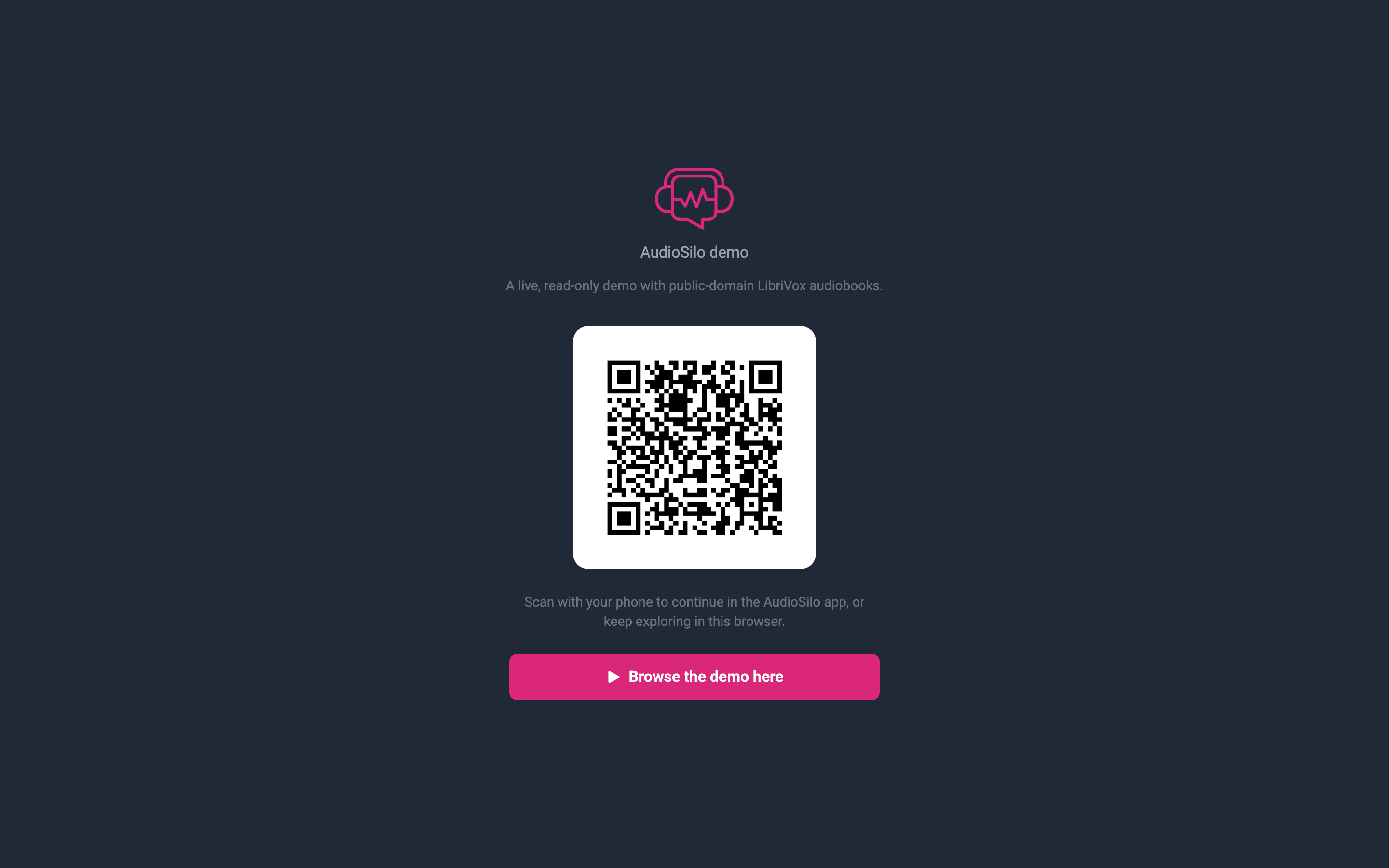 The demo landing page: a fresh account, a QR code to continue on your phone, and a button to browse in the browser