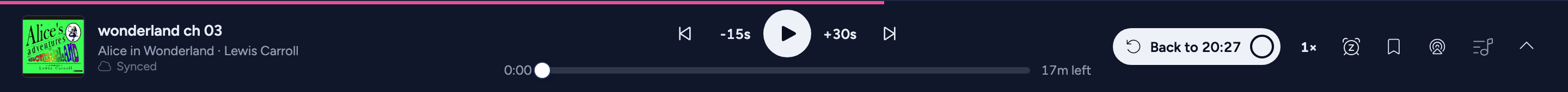 The player bar just after a chapter skip, with the Back to button leading the buttons on the right