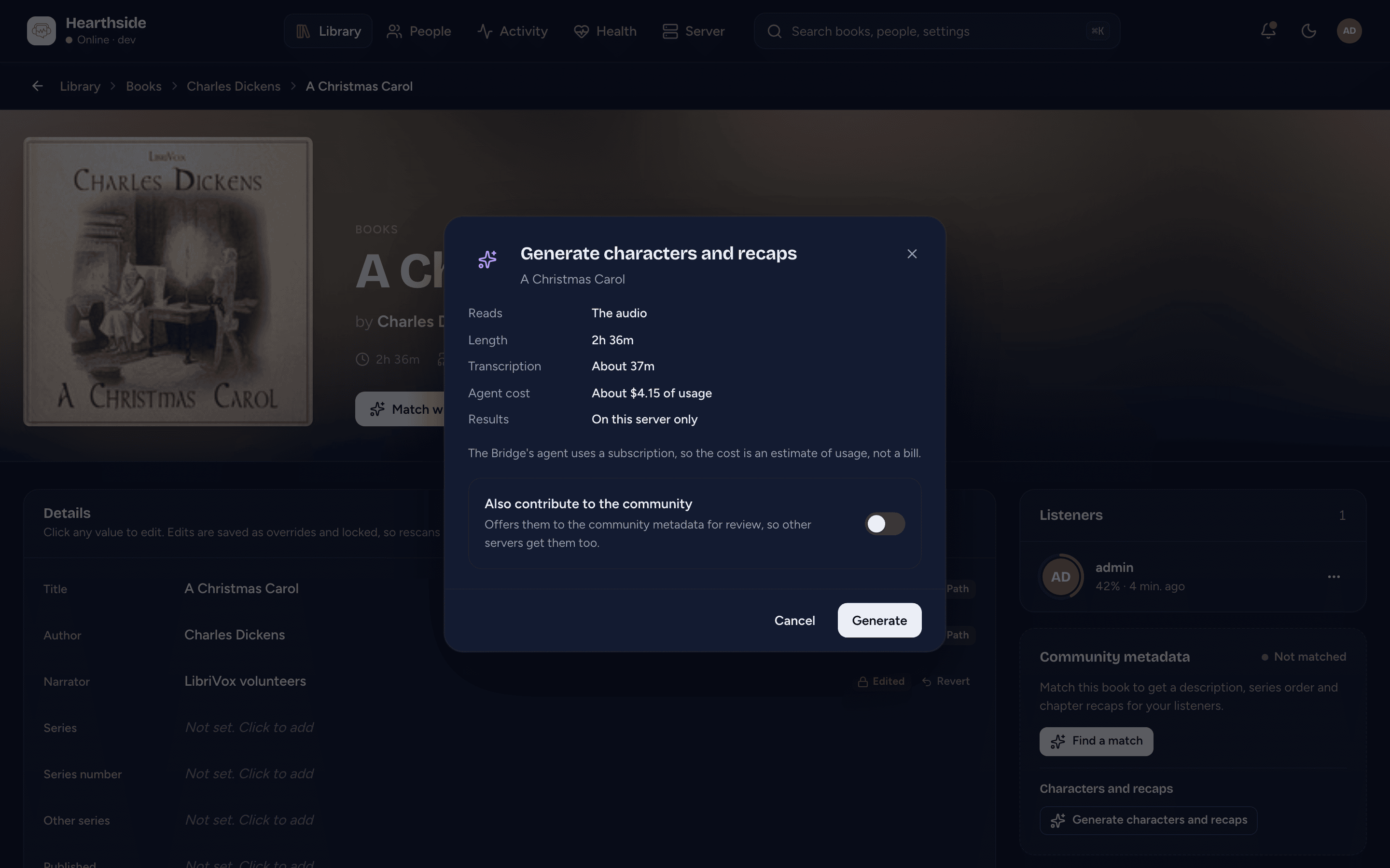 The Generate characters and recaps dialog in the console