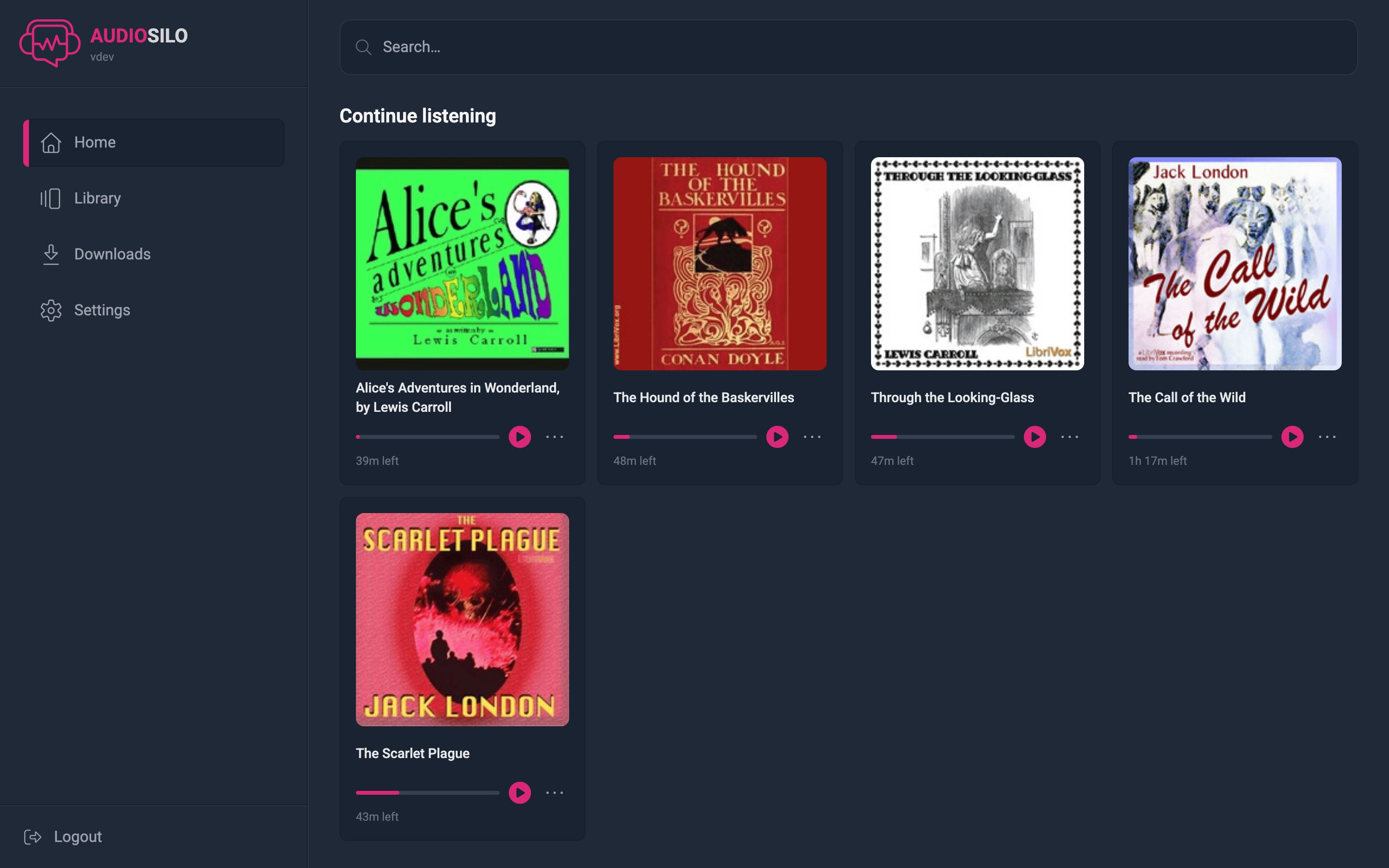The AudioSilo web player home screen