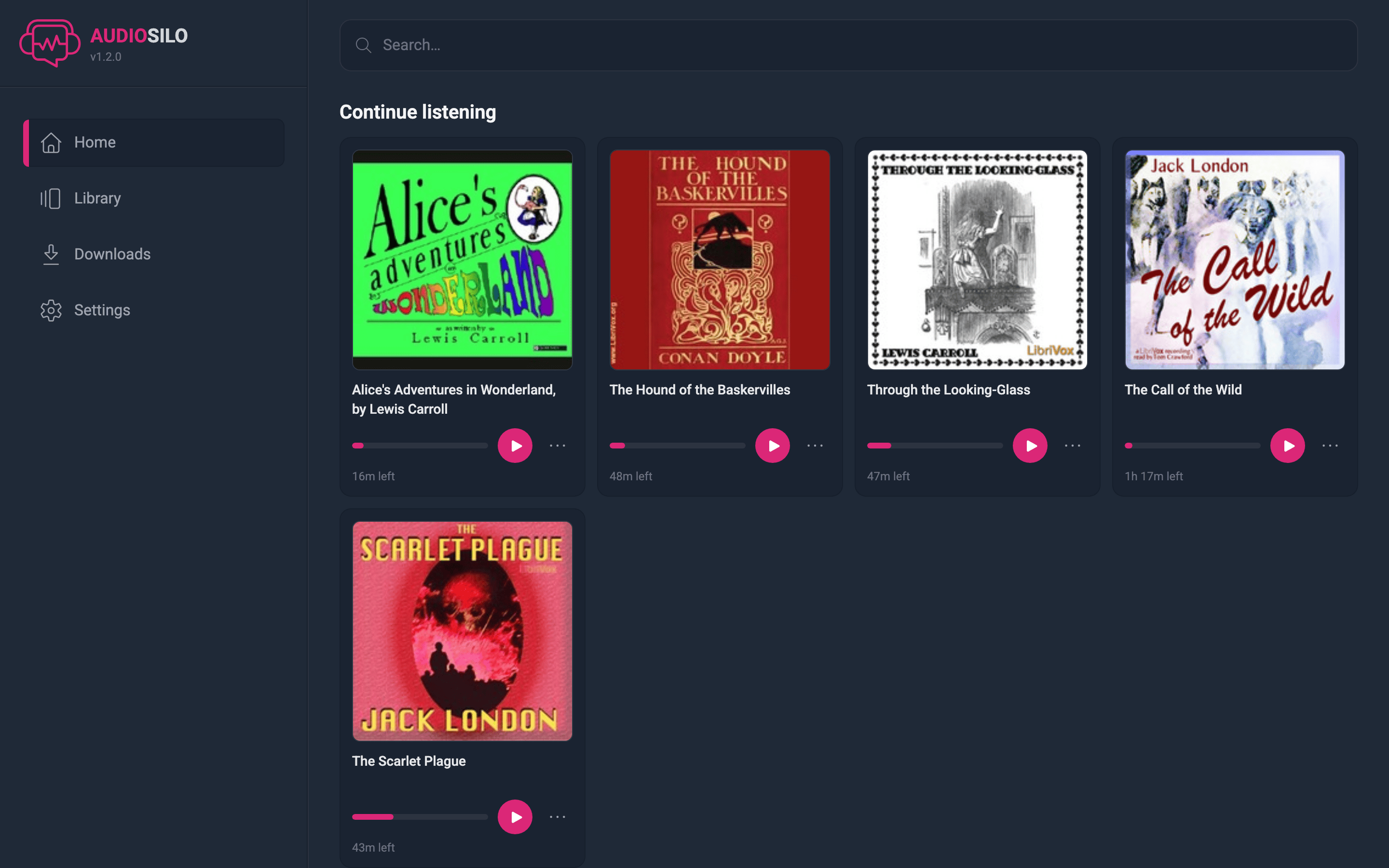 The AudioSilo web player home screen