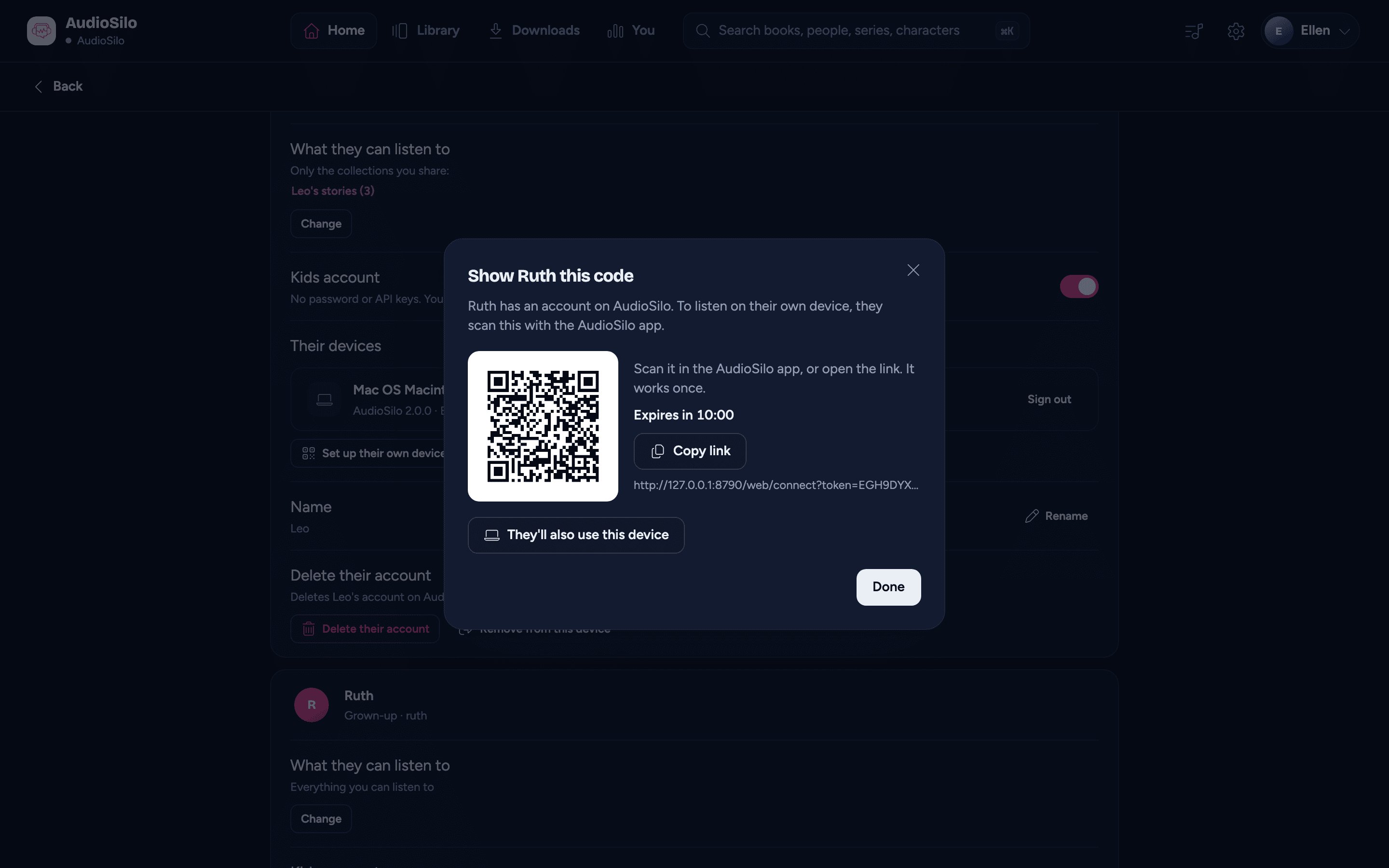 A grown-up added: Show Ruth this code, the QR code with its link, They'll also use this device and Done