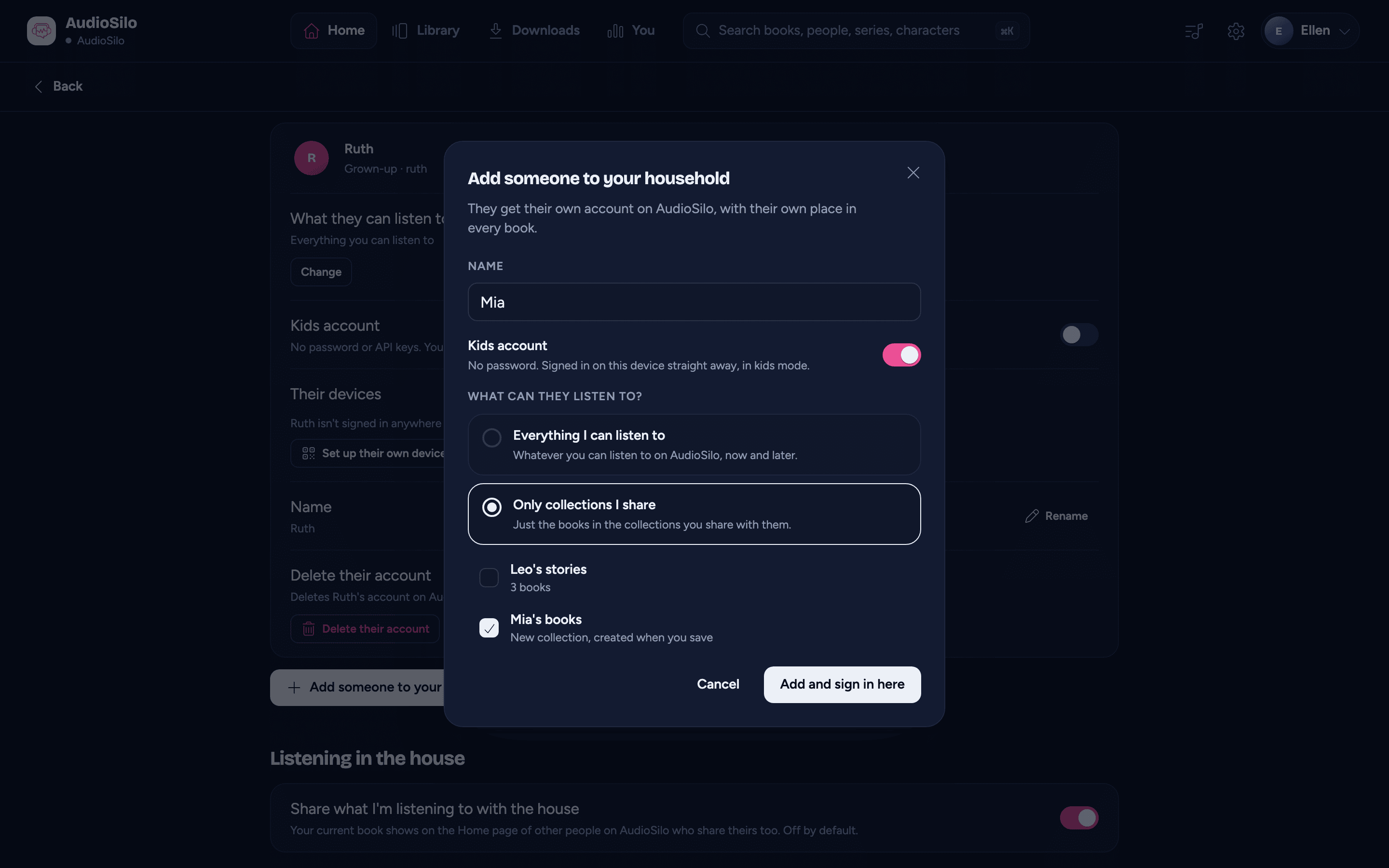 Adding a kid: the name typed, Kids account on, Only collections I share with an existing collection left unticked and the new Mia's books ticked, and Add and sign in here