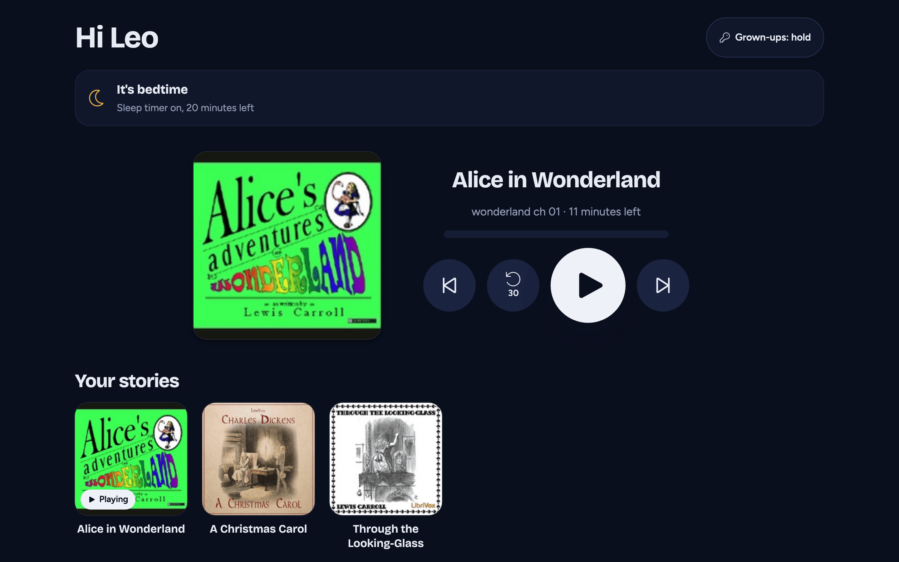 Kids mode on a computer: Hi Leo, the bedtime card, the big player with a story loaded, and the story tiles