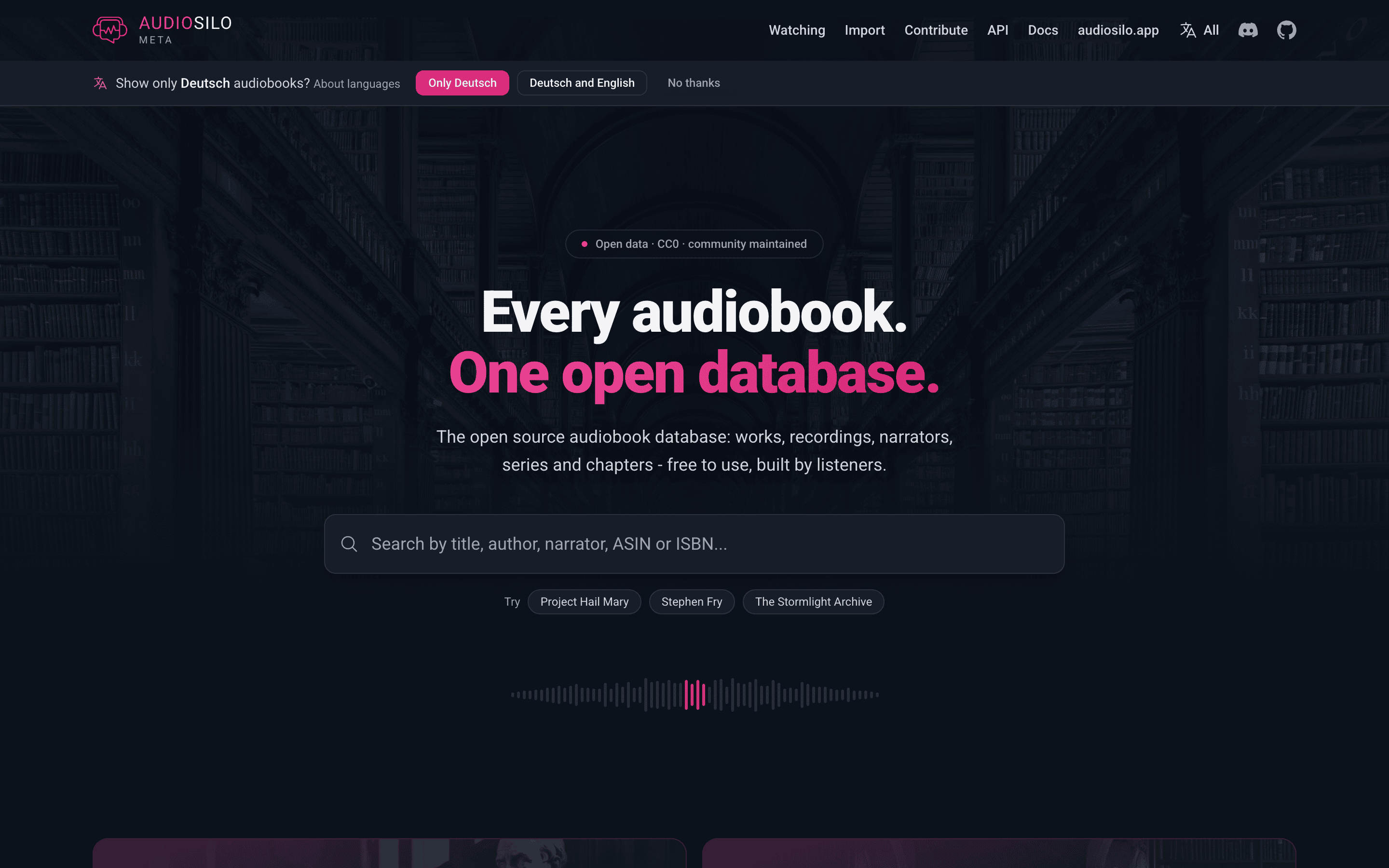 The one-line suggestion under the header in a German browser: Show only Deutsch audiobooks?