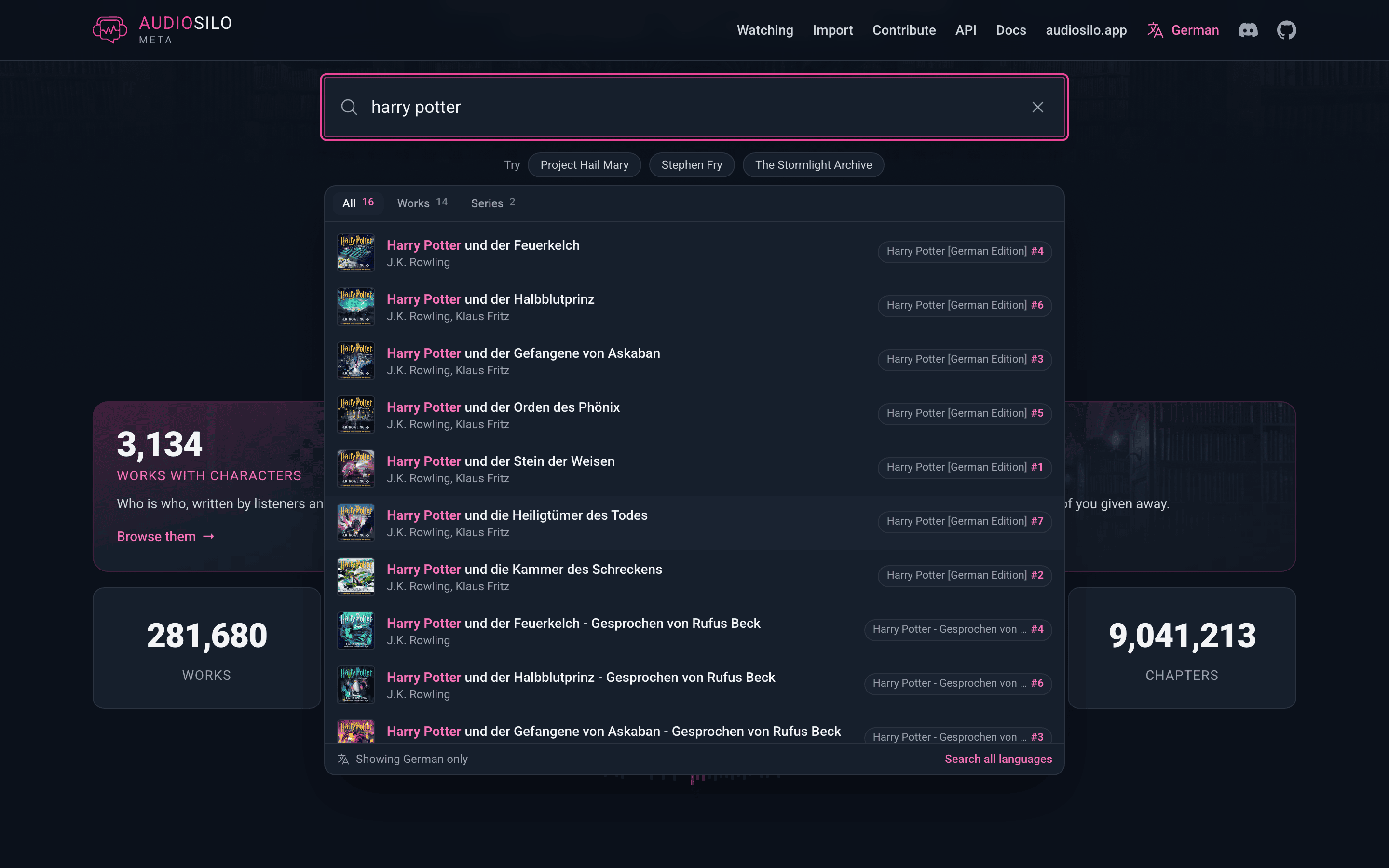 Search results with German chosen, showing the filter line and Search all languages