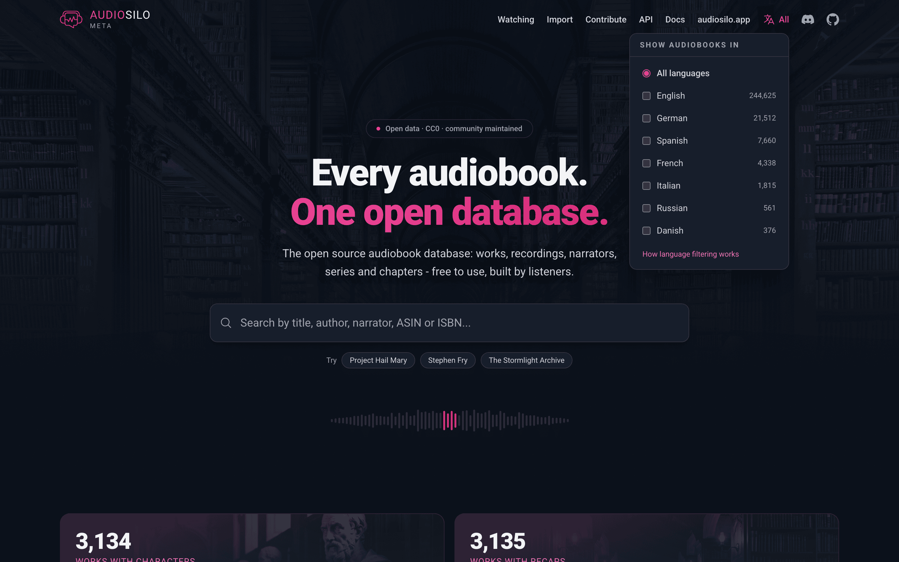 The Languages selector open in the site header, listing each language with its book count