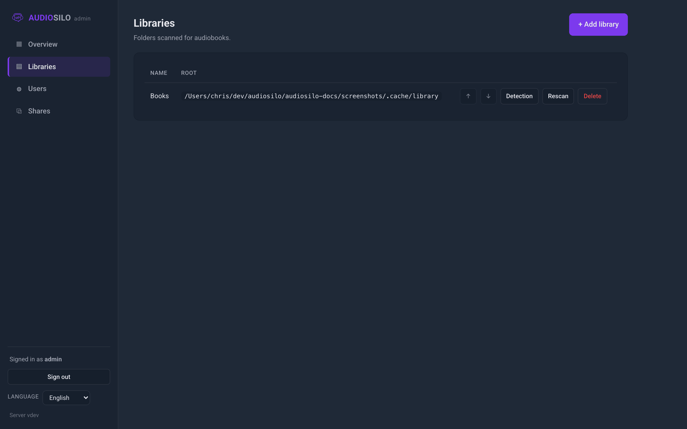 The Libraries section with per-library actions