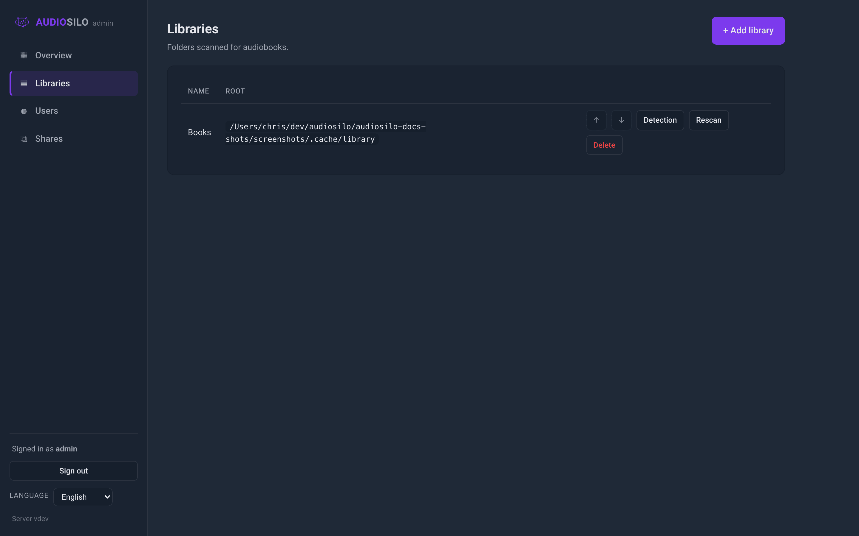 The Libraries section with per-library actions