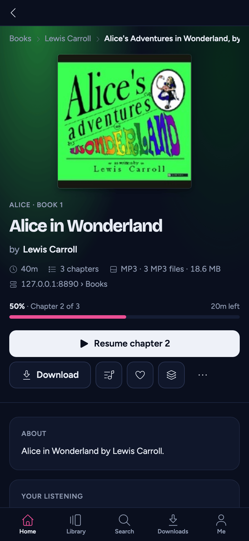 A book's page on a phone: the cover over the title, the place, Resume across the page and the buttons under it