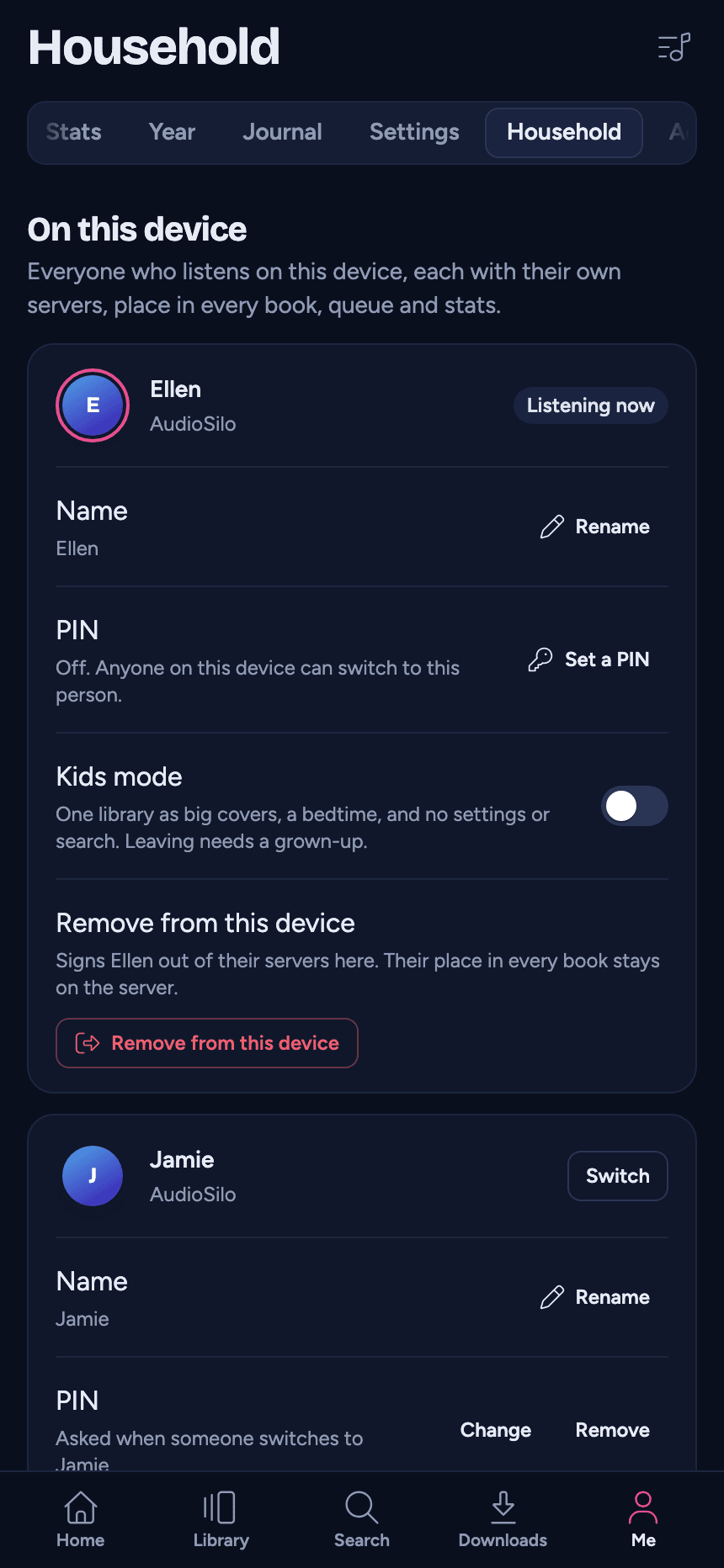 The Household page on a phone: the Me tab on Household, with On this device and the first person's card