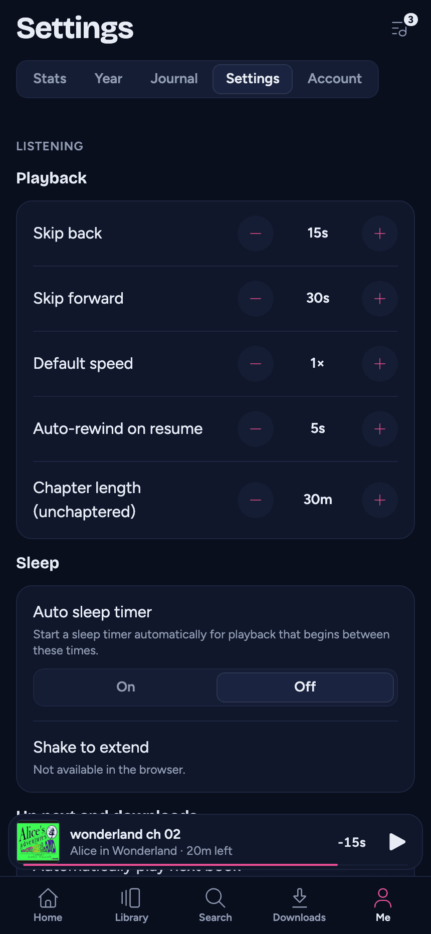 Settings on a phone, in the Me tab: the Listening group with the Playback section