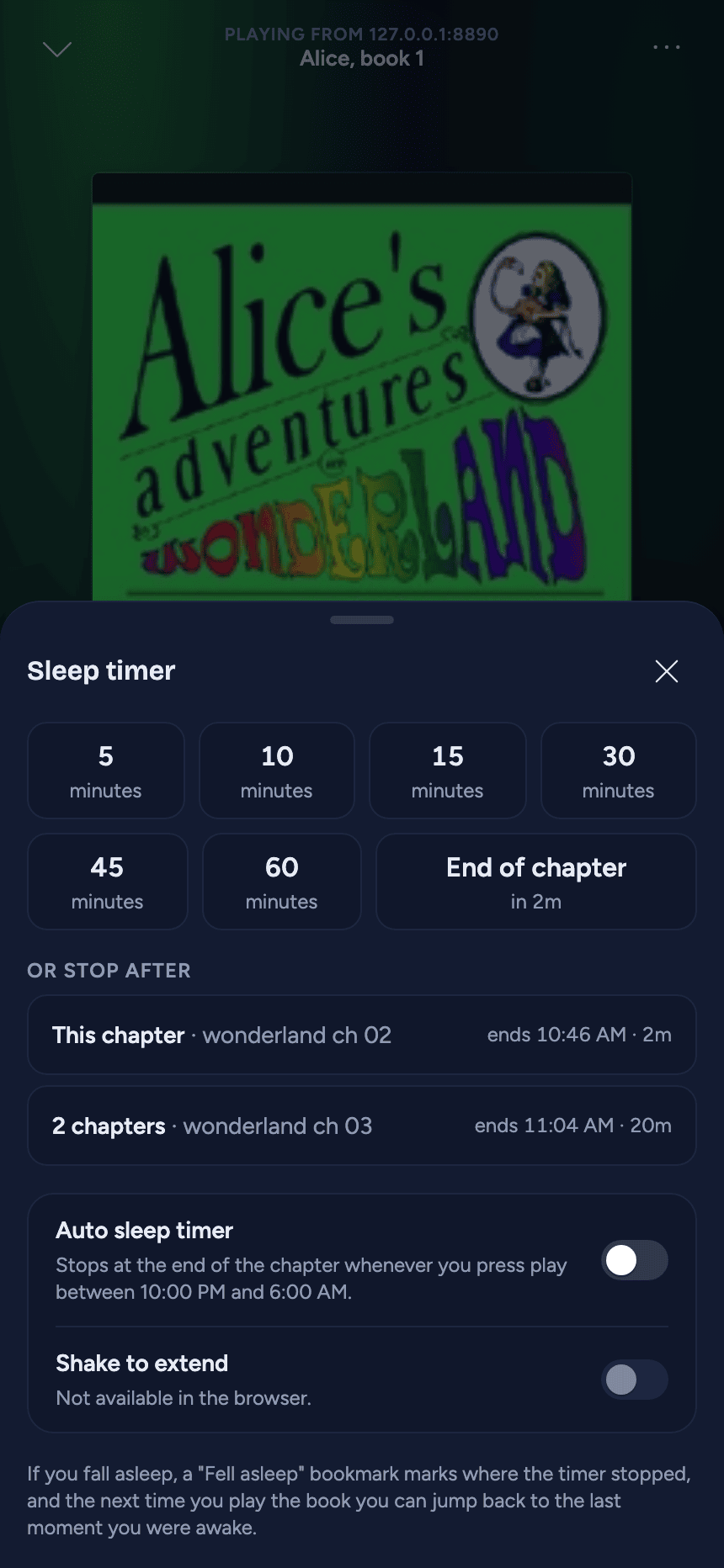 The sleep timer sheet on a phone: minute tiles, End of chapter, the Or stop after list and the sleep settings