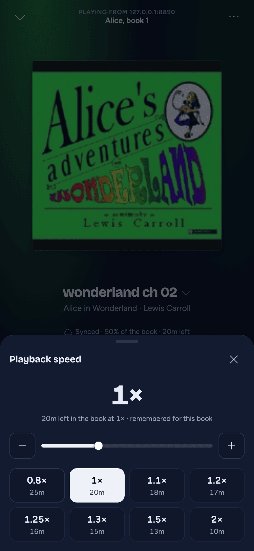 The speed sheet on a phone: the current speed, the slider between minus and plus, and the presets with the time left at each