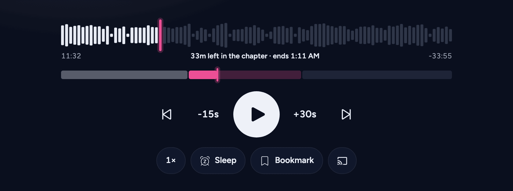 The web player's full player in Chrome over HTTPS: the Cast button at the end of the row with speed, Sleep and Bookmark