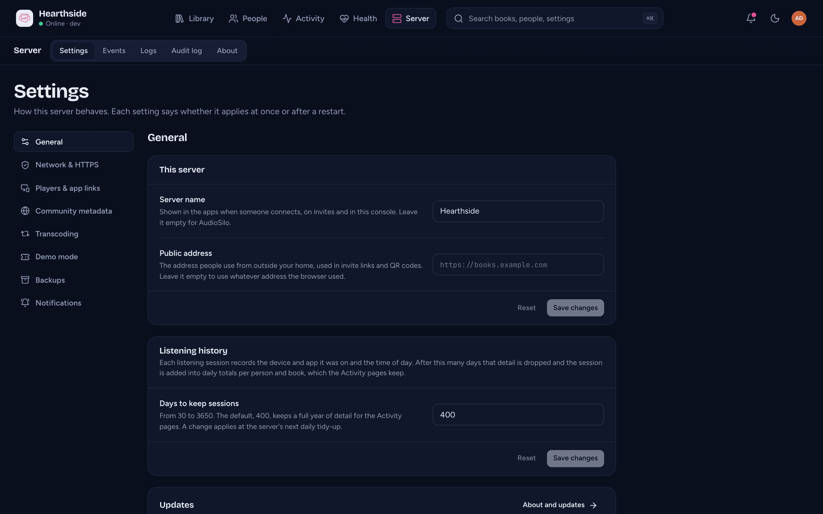 Server settings, General