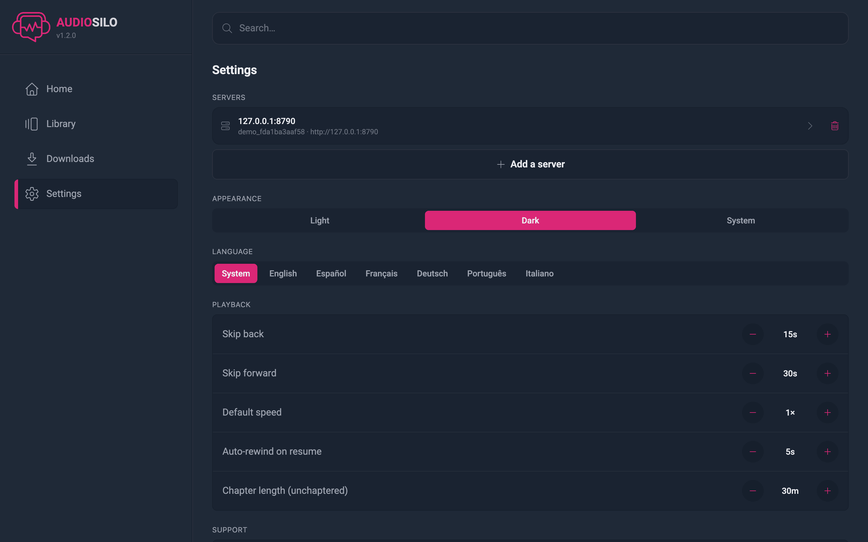 The Settings screen
