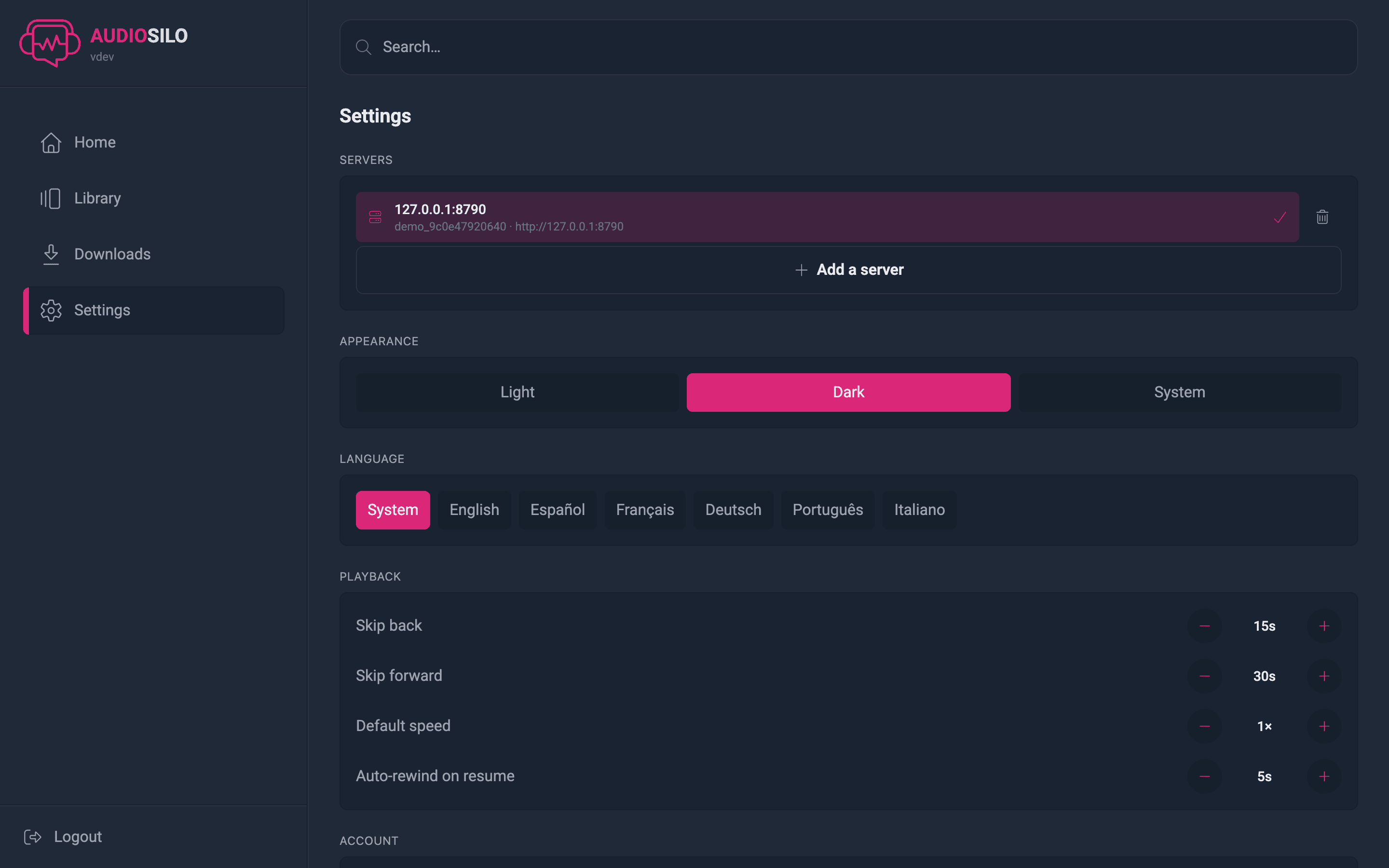 The Settings screen
