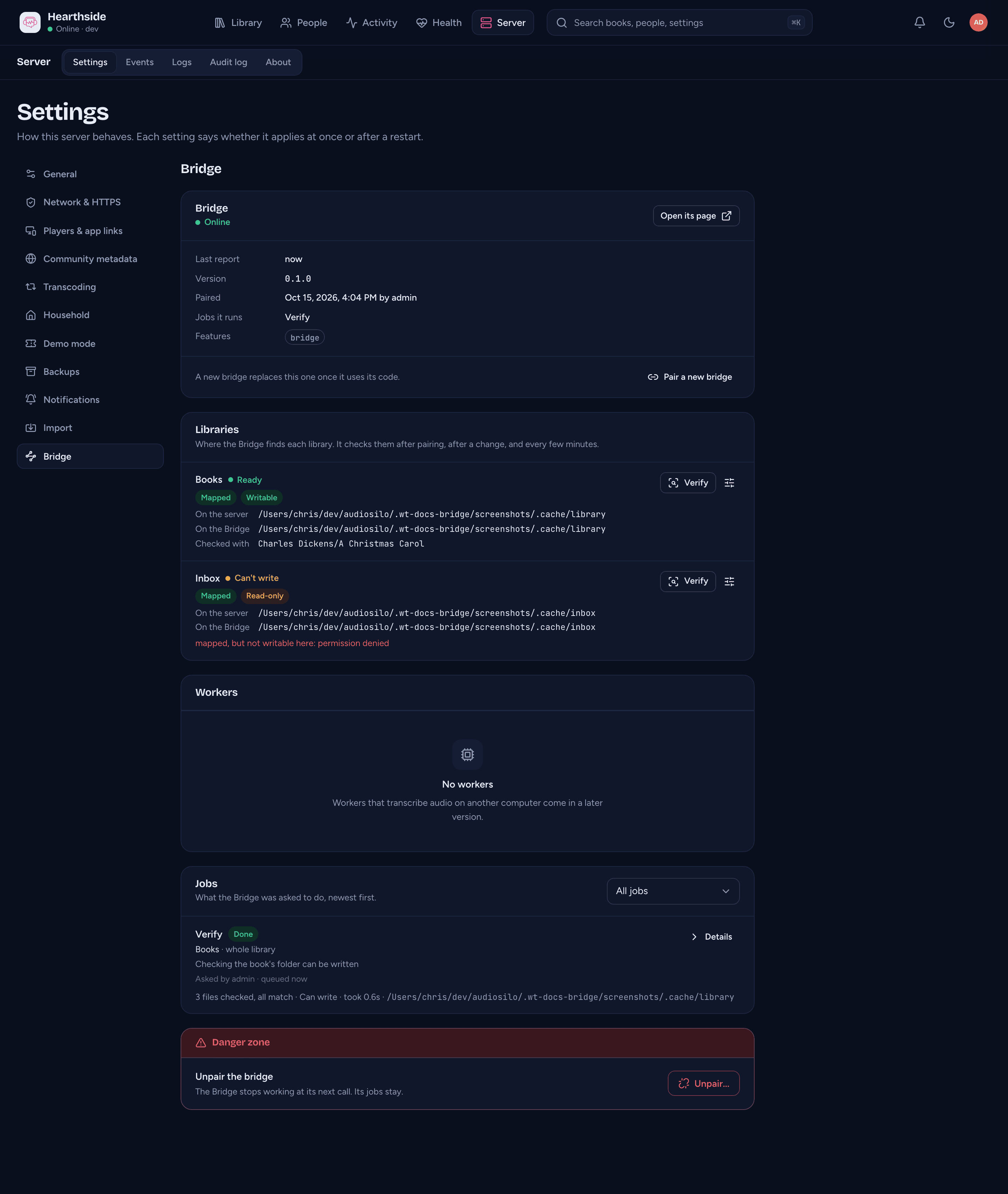 Server > Settings > Bridge with a Bridge connected