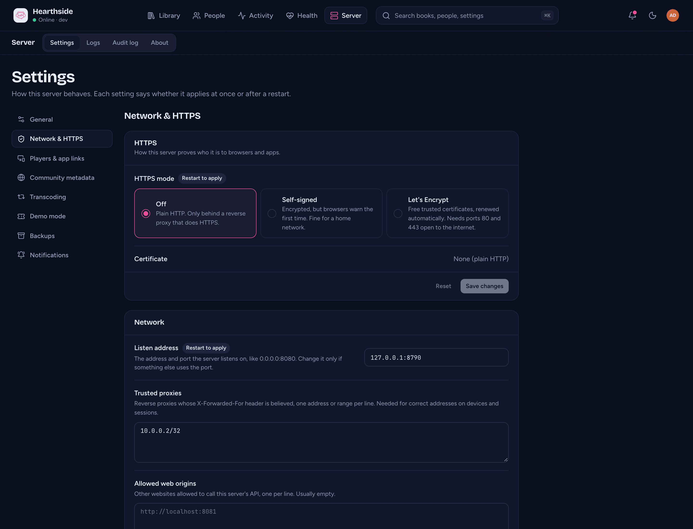 Server settings, Network &amp; HTTPS