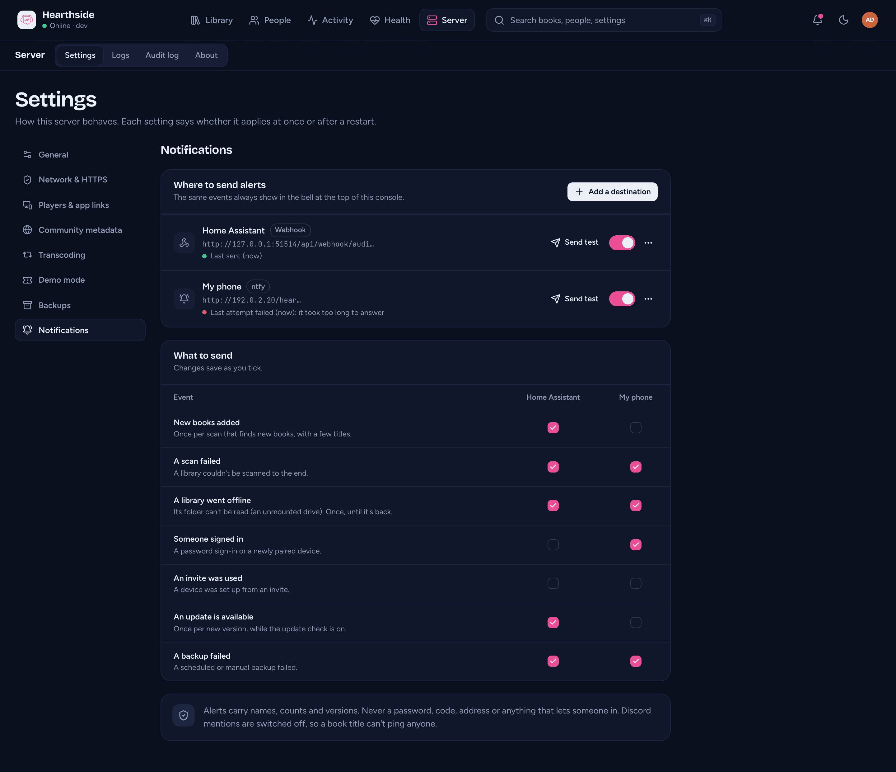 Server > Settings > Notifications