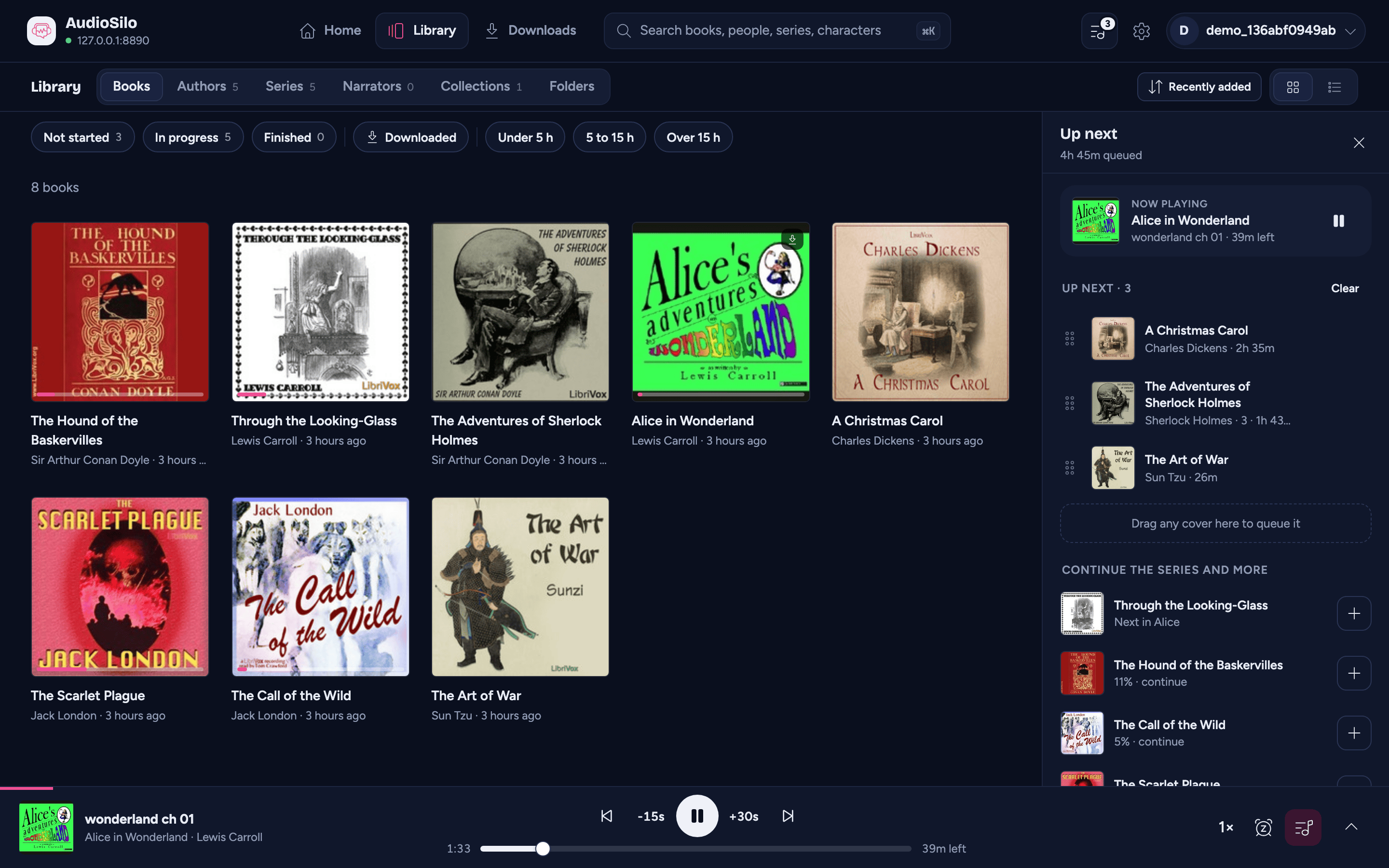 The web player on a computer with the Up next drawer open on the right: the book playing now, three queued books, and suggestions underneath