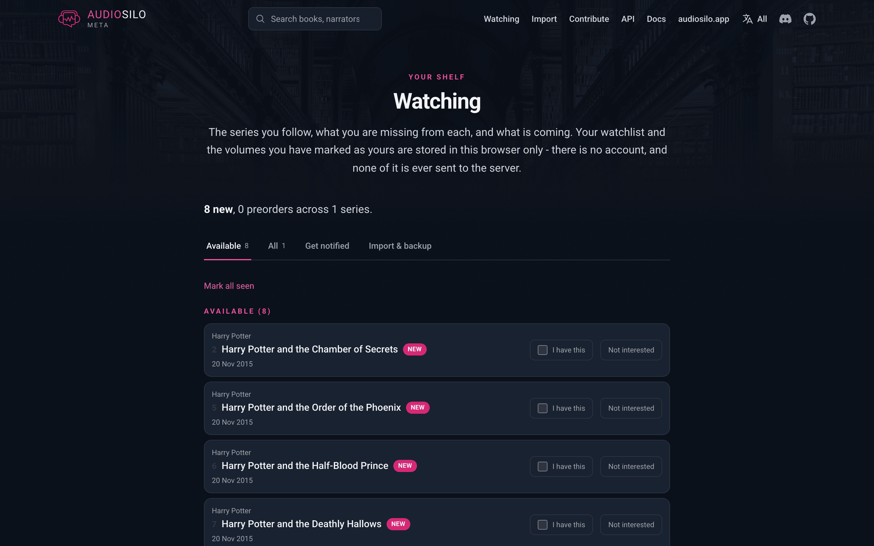 The Watching page listing available and preorder entries