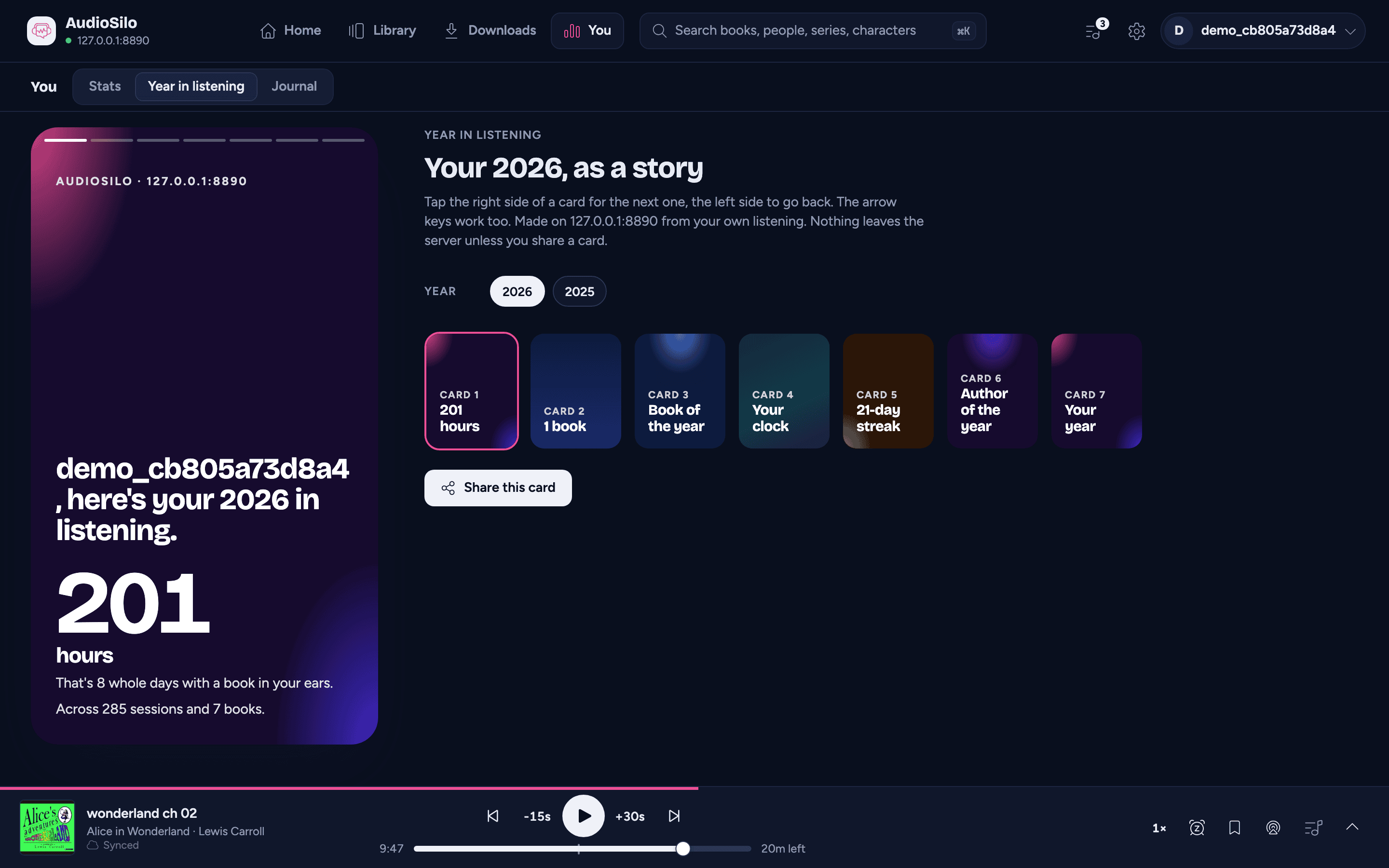 Year in listening on a computer: the story card on the left with its progress bars, and beside it the title, how it works, the card thumbnails and Share this card